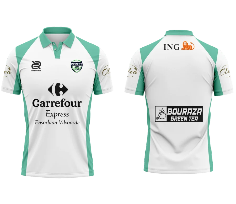 Het nieuwe IFCV-shirt, voor- en achterkant, in wit en mintgroen